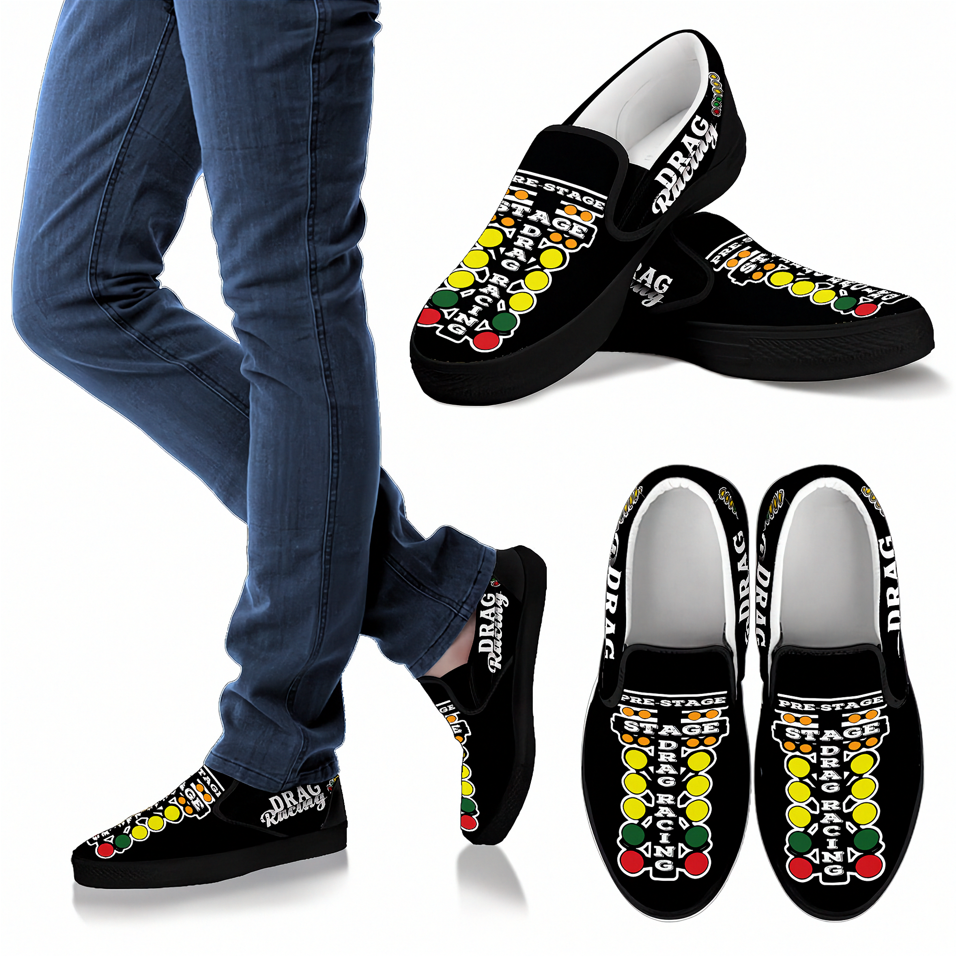Black slip-on shoes with colorful designs on a white background