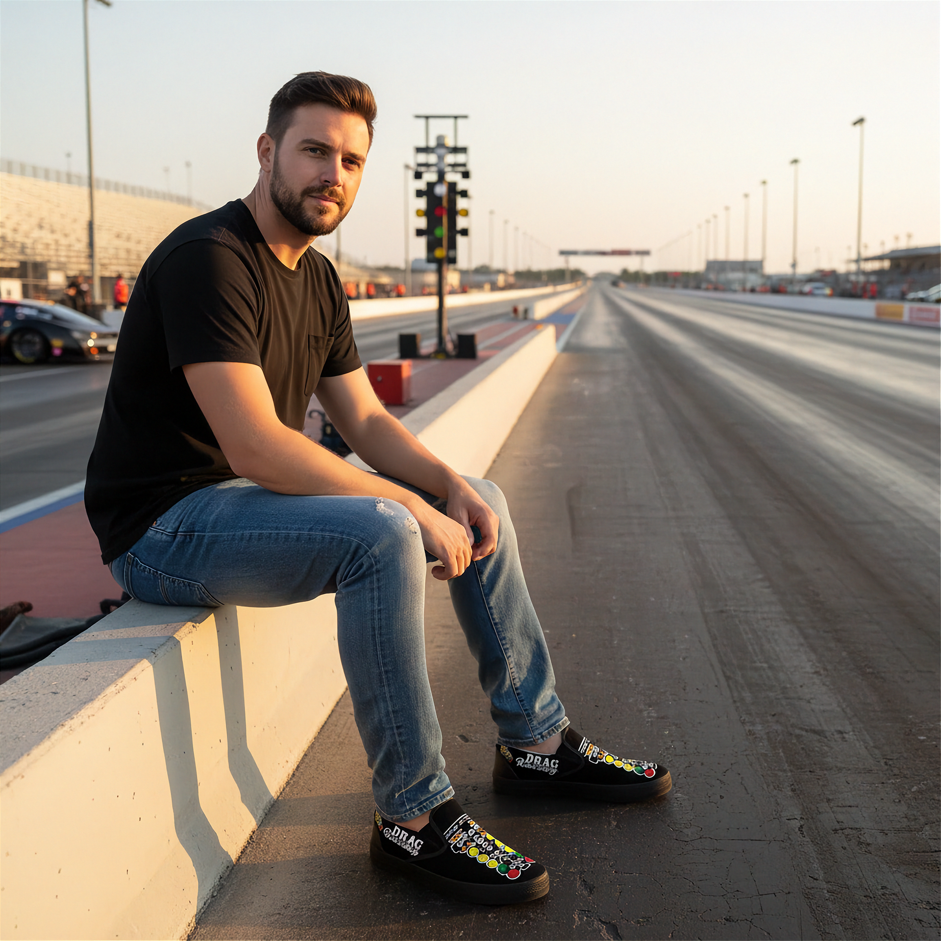 Man sitting on a race track with cars in the background wearing a drag racing tree logo sleep ons shoes