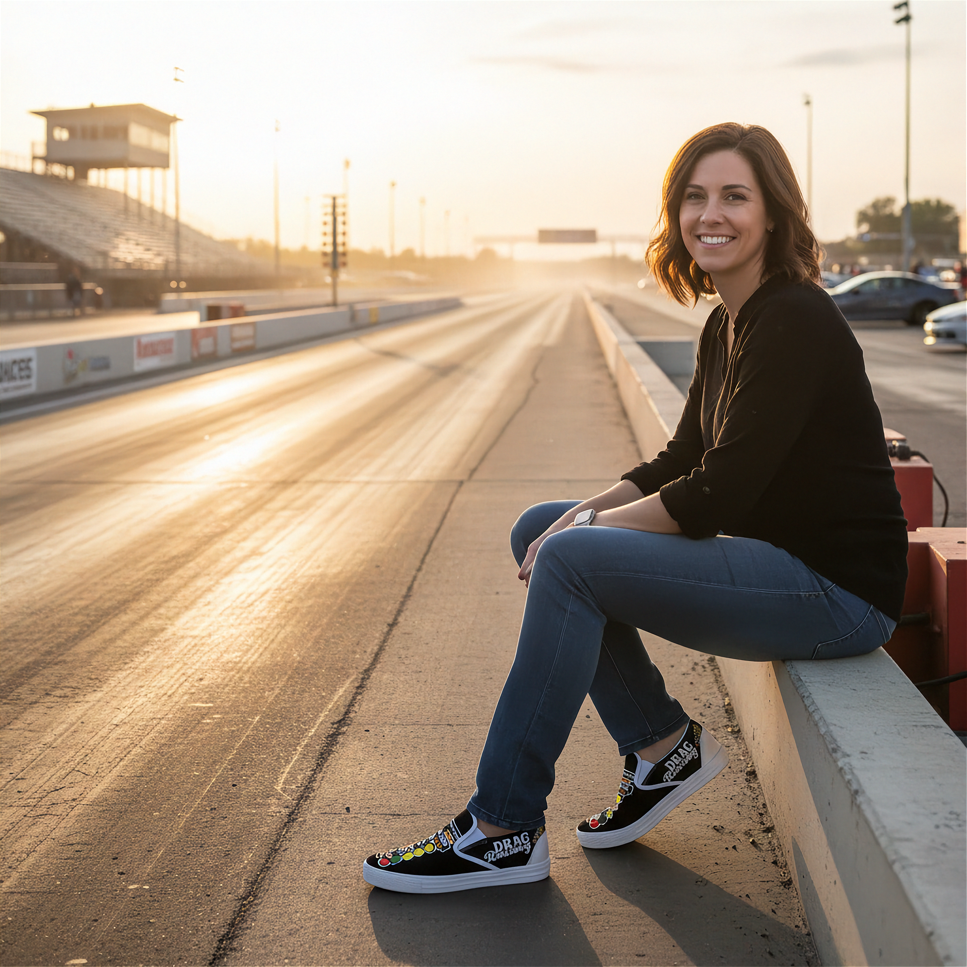 woman wearing a hoodie with racing-themed text at a race track wearing a drag racing tree logo sleep ons shoes
