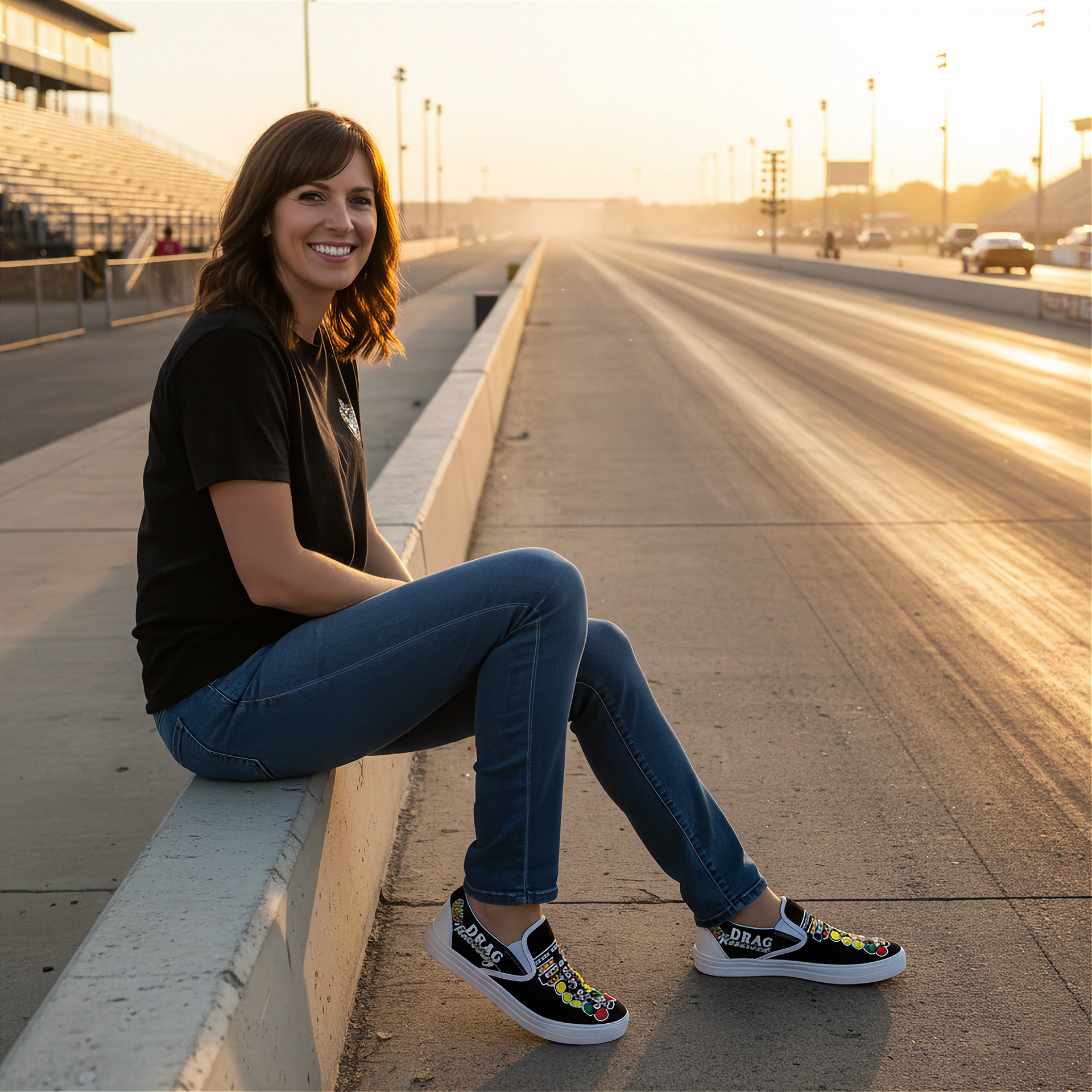 woman wearing a hoodie with racing-themed design at a race track wearing a drag racing tree logo sleep ons shoes