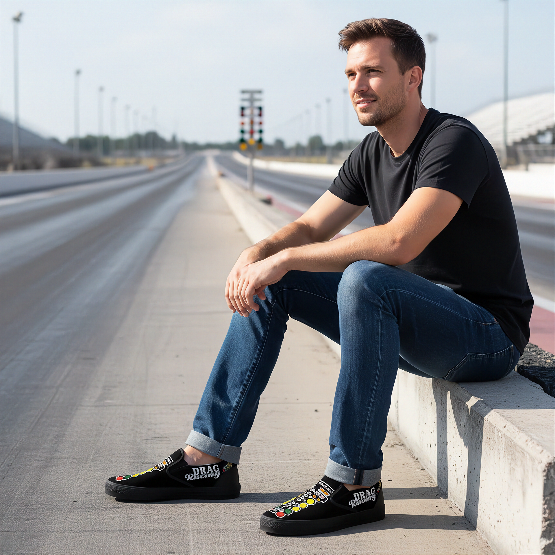 man wearing a black shirt and jeans sitting at a drag track wearing a drag racing tree logo sleep ons shoes