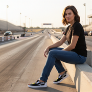 Woman wearing a black shirt  sitting at a dragstrip wearing a drag racing tree logo sleep ons shoes