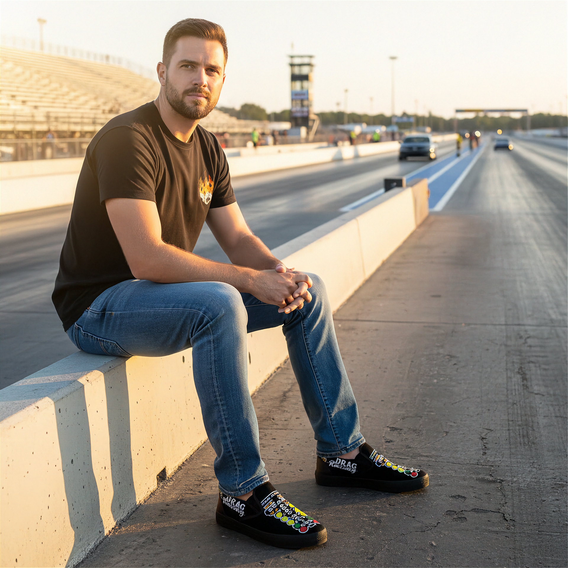 Man sitting on a concrete barrier by a race track wearing a drag racing tree logo sleep ons shoes