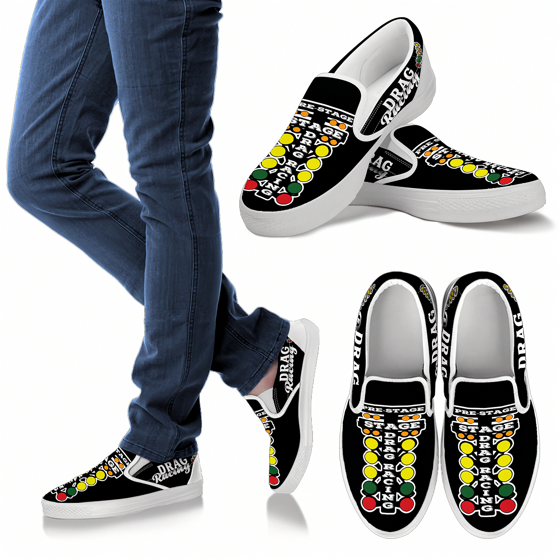 Black slip-on shoes with colorful designs and text, worn with blue jeans.