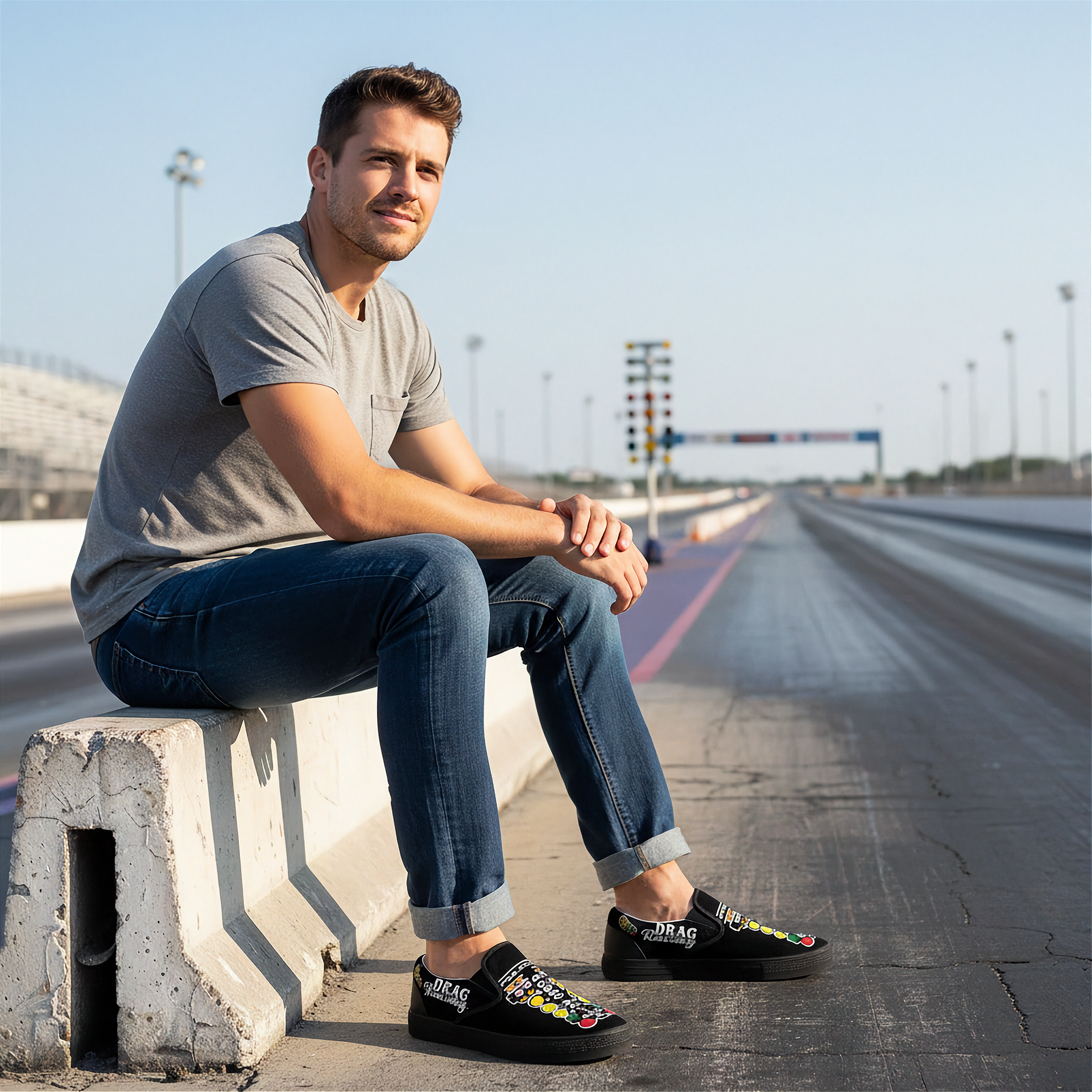 a man sitting at a drag track wearing a drag racing tree logo sleep ons shoes