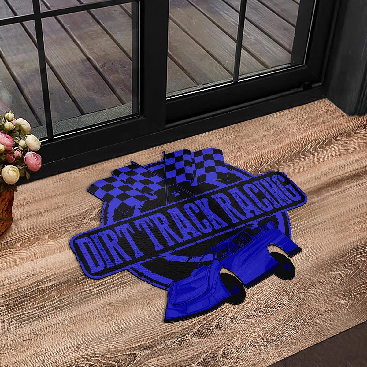 Blue & Black Late Model Door Mat | Shaped Checkered Flag Design | RIIMB