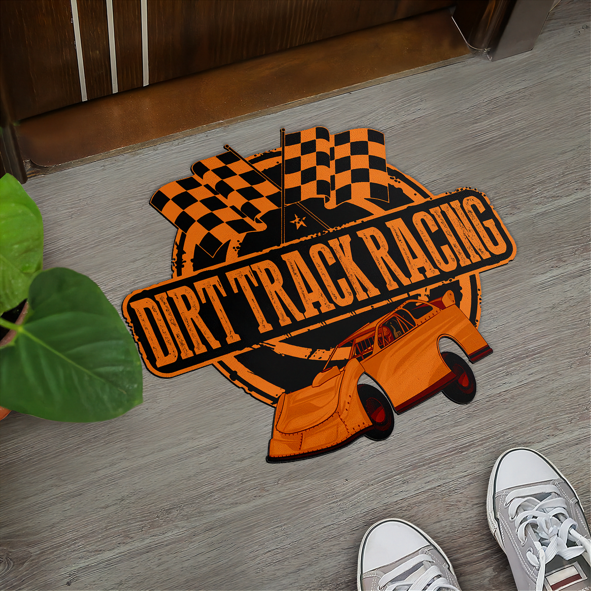 Orange & Black Late Model Door Mat | Shaped Checkered Flag Design | RIIMB