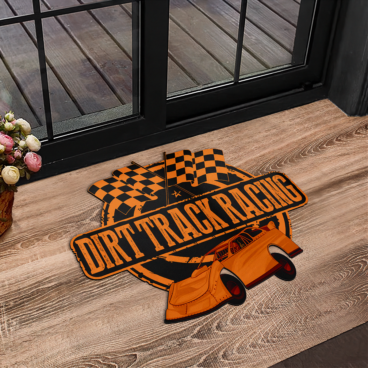 Orange & Black Late Model Door Mat | Shaped Checkered Flag Design | RIIMB
