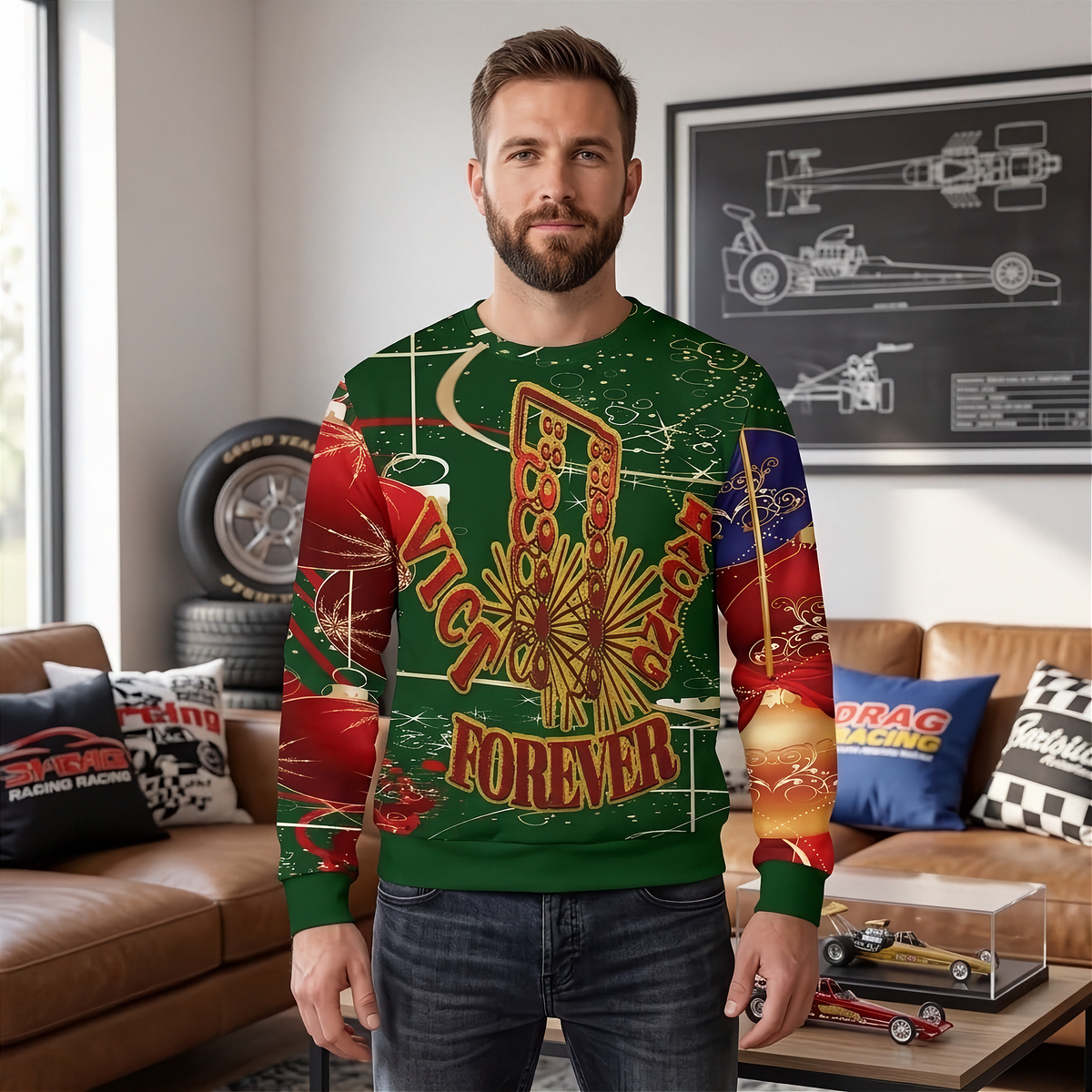 Drag Racing Men's Ugly Sweater | Christmas at the Starting Line | RIIMB