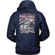 navy pullover hoodie shown from the back, featuring a large graphic print with skulls, crossed tools, and red-and-white text reading 'If You Wanna Drag Race You Need A Handful of these'.
