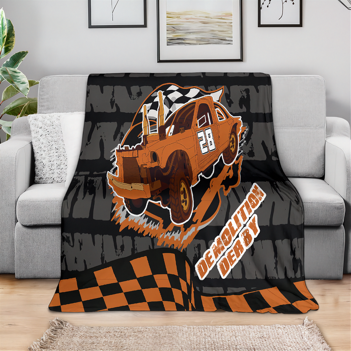 Custom demolition derby blanket N28 | Personalized Number & Orange Design | RIIMB