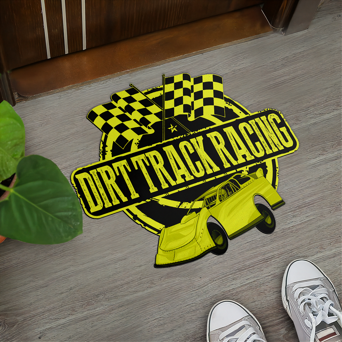 Yellow & Black Late Model Door Mat | Shaped Checkered Flag Design | RIIMB