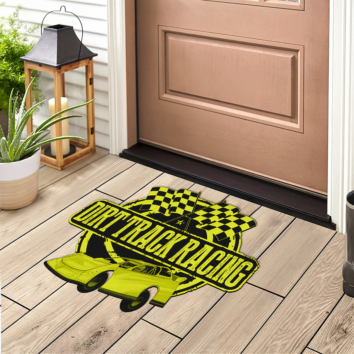 Yellow & Black Late Model Door Mat | Shaped Checkered Flag Design | RIIMB
