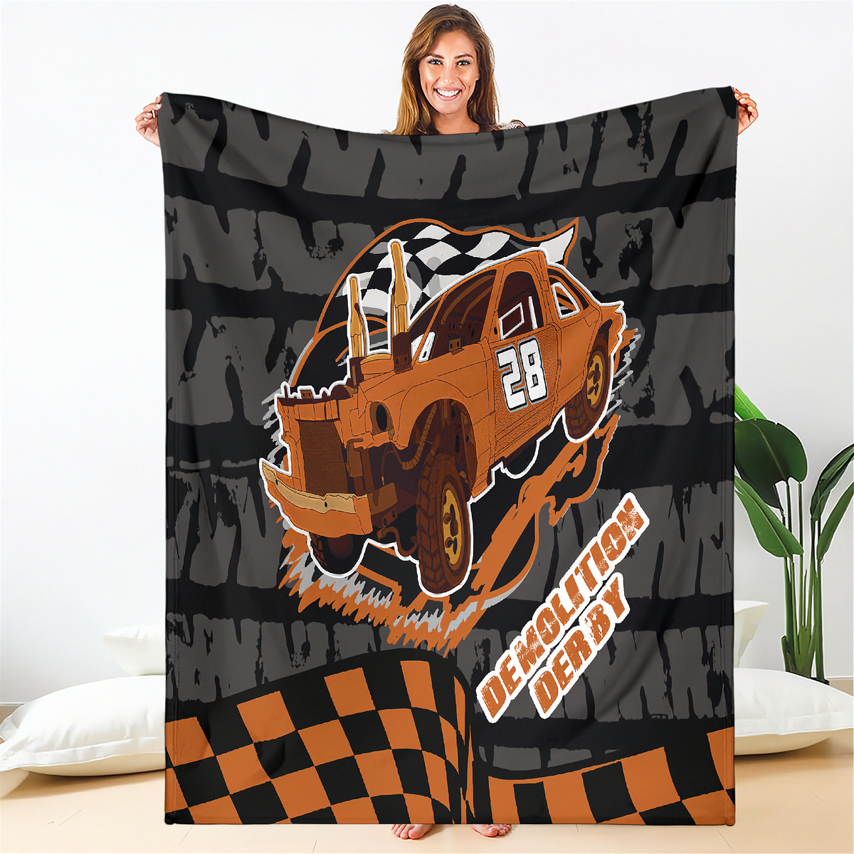 Custom demolition derby blanket N28 | Personalized Number & Orange Design | RIIMB