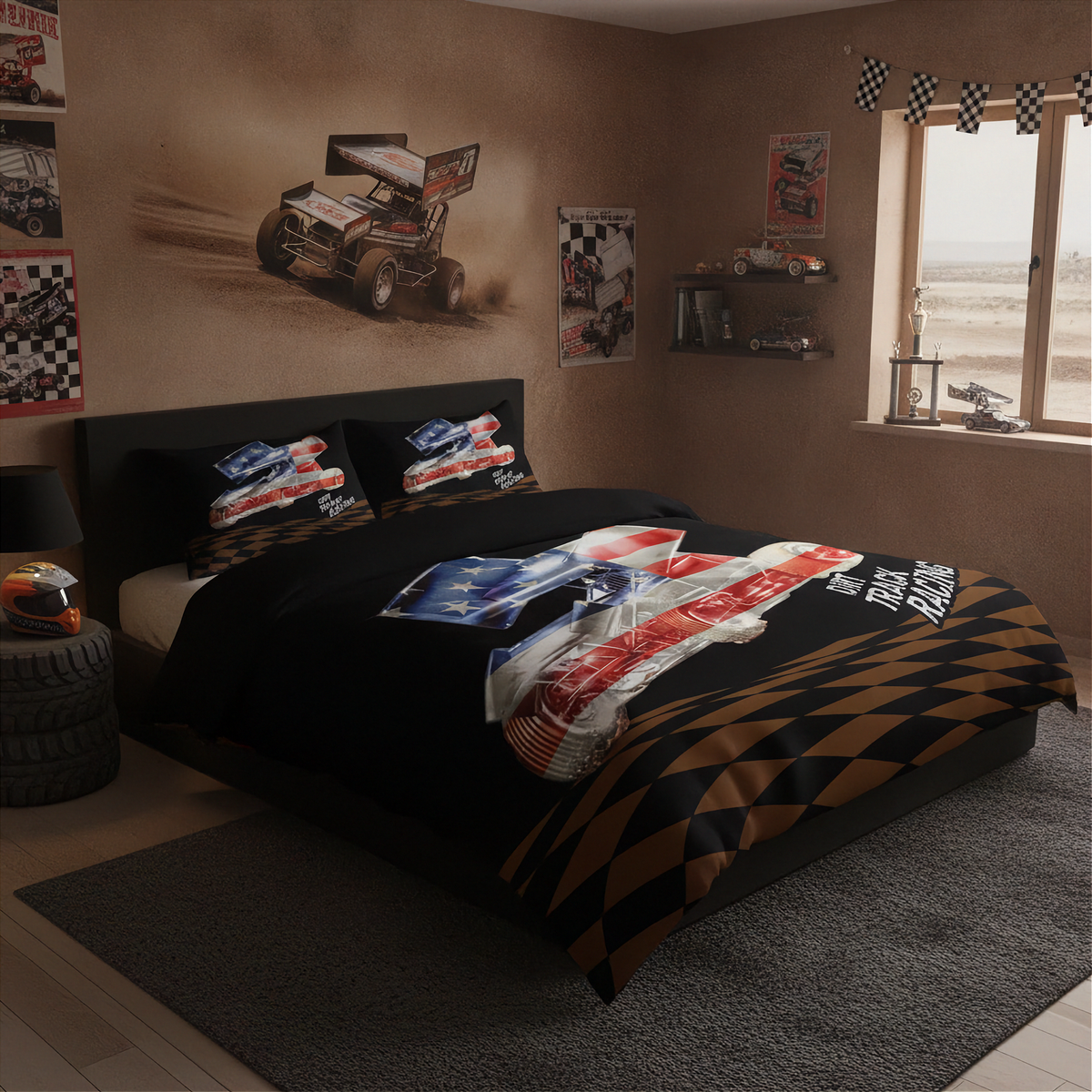 USA Sprint Car Bedding Set | Patriotic Dirt Track Bedroom Decor | RIIMB