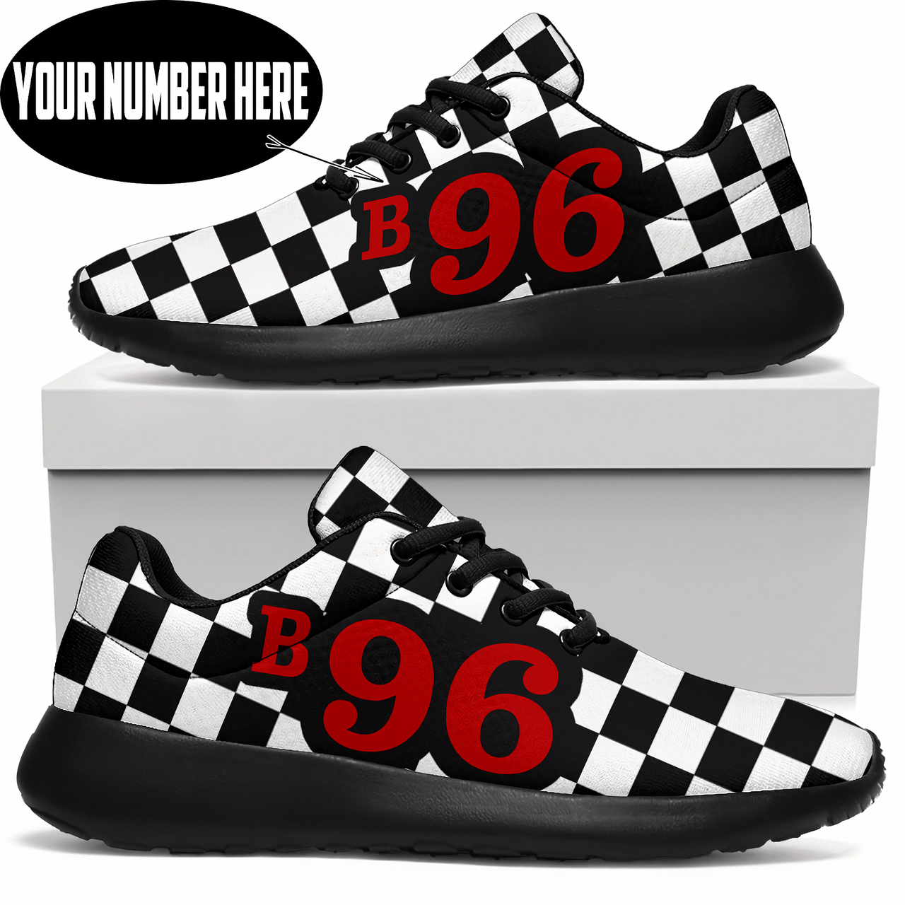 Custom Number Racing Checkered Sneakers | Personalized Low Top Motorsport Trainers | RIIMB