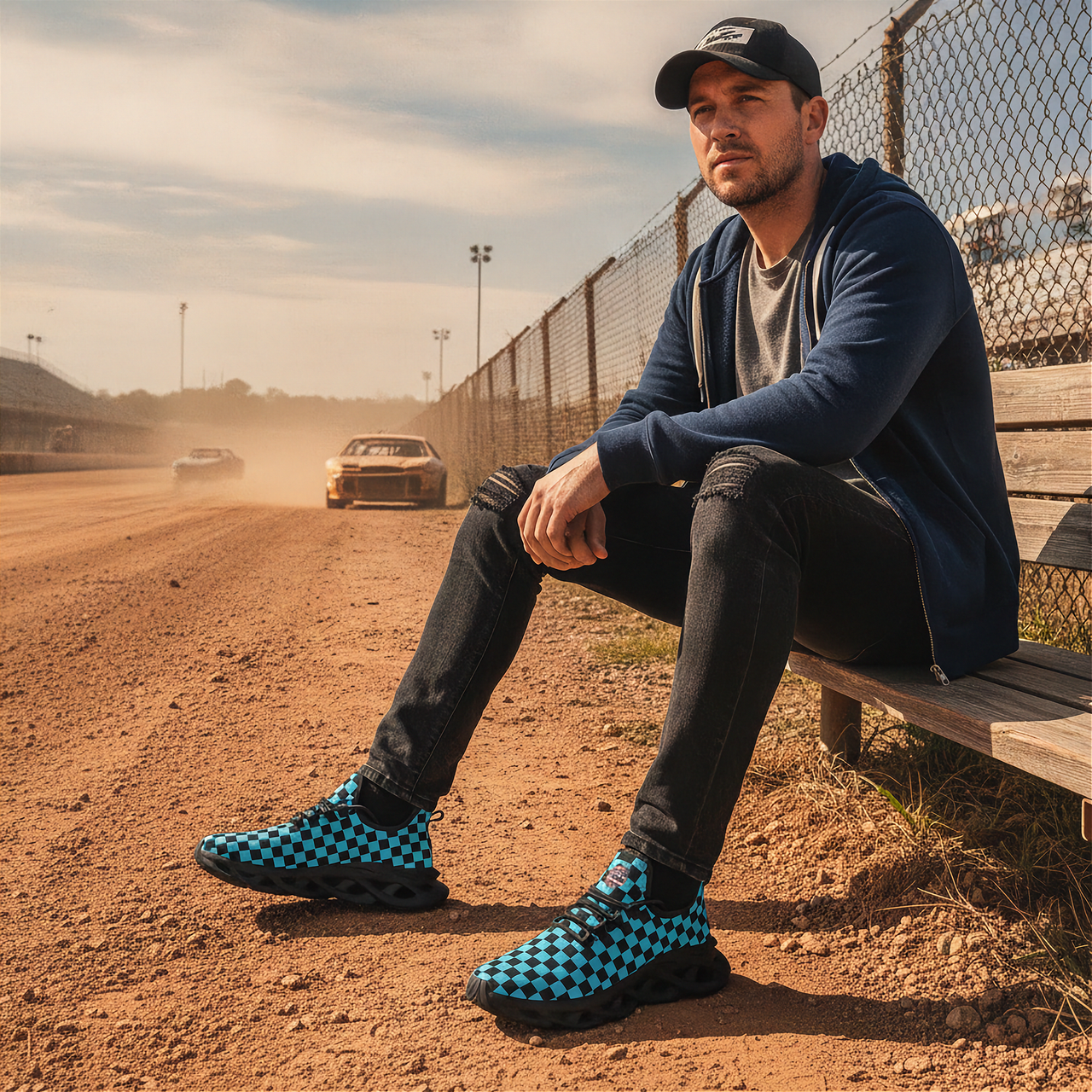 Light Blue Checkered M-Sole Sneakers | Light Blue Checkered Platform Shoes | RIIMB