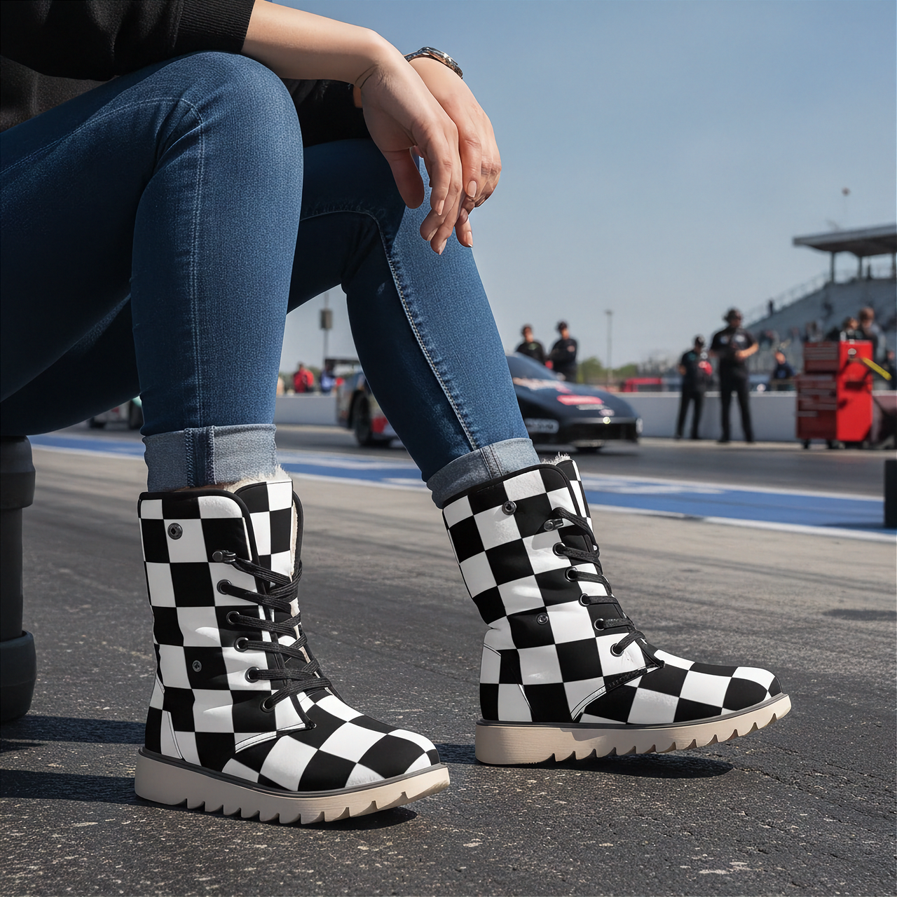 Racing Checkered Polar Boots | Warm Motorsport Boots for Women | RIIMB