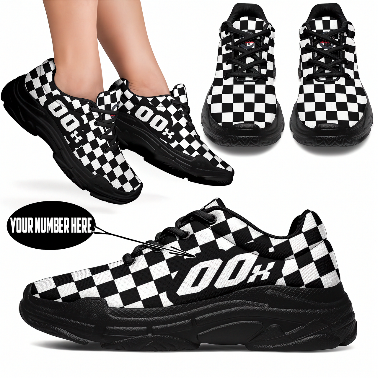 Custom Number Racing Checkered Chunky Sneakers | Bold Motorsport Platform Trainers | RIIMB