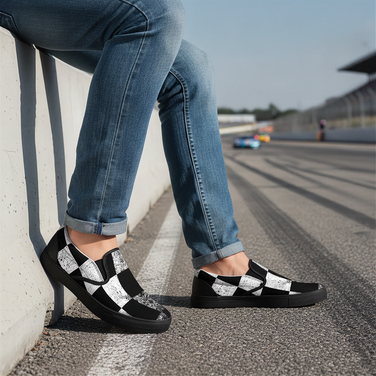 Racing Dirty Checkered Slip Ons | Distressed Motorsport Slip Ons for Men & Women | RIIMB