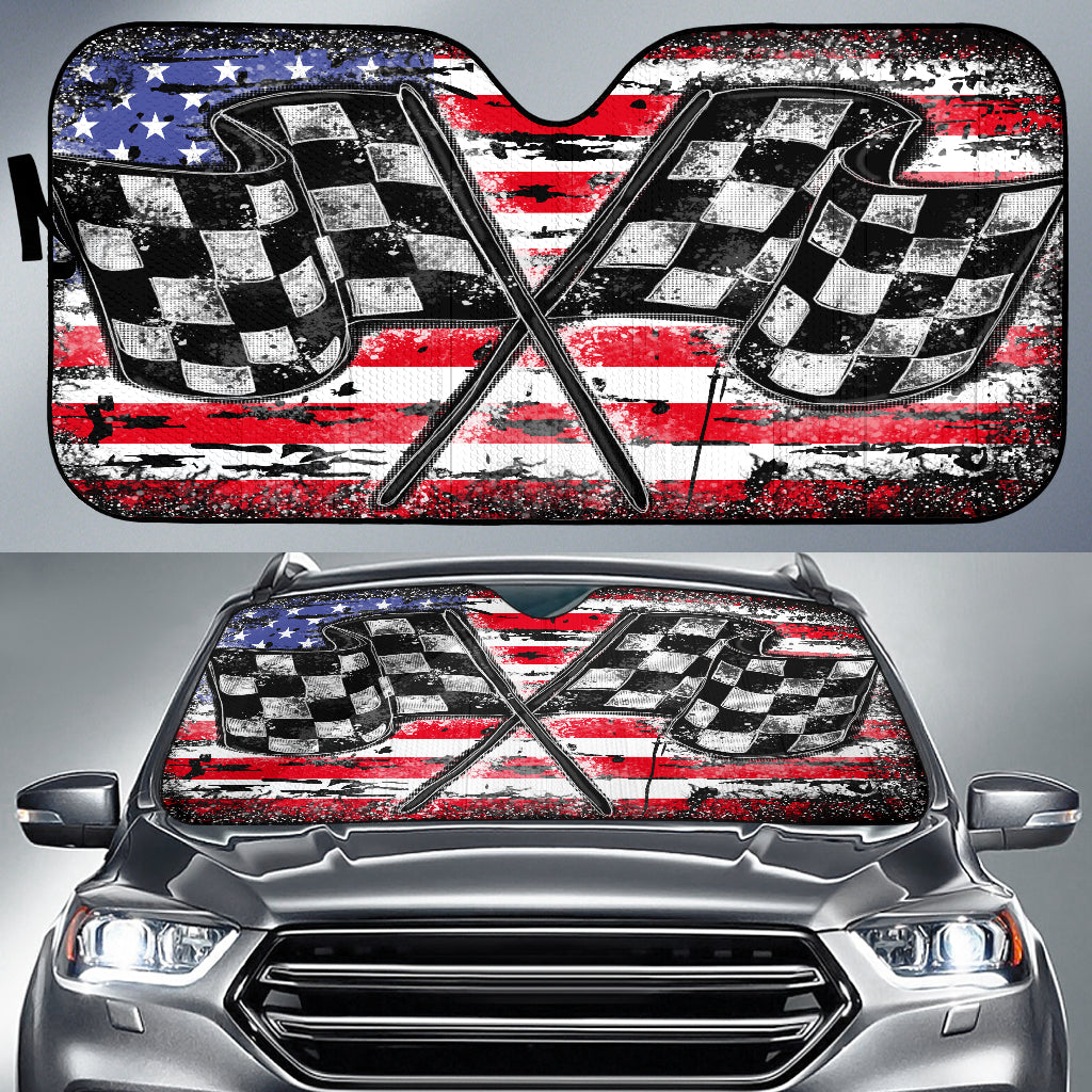 Racing Checkered USA Flag Windshield Sun Shade