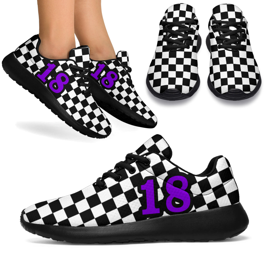 custom racing sneakers number 18 purple