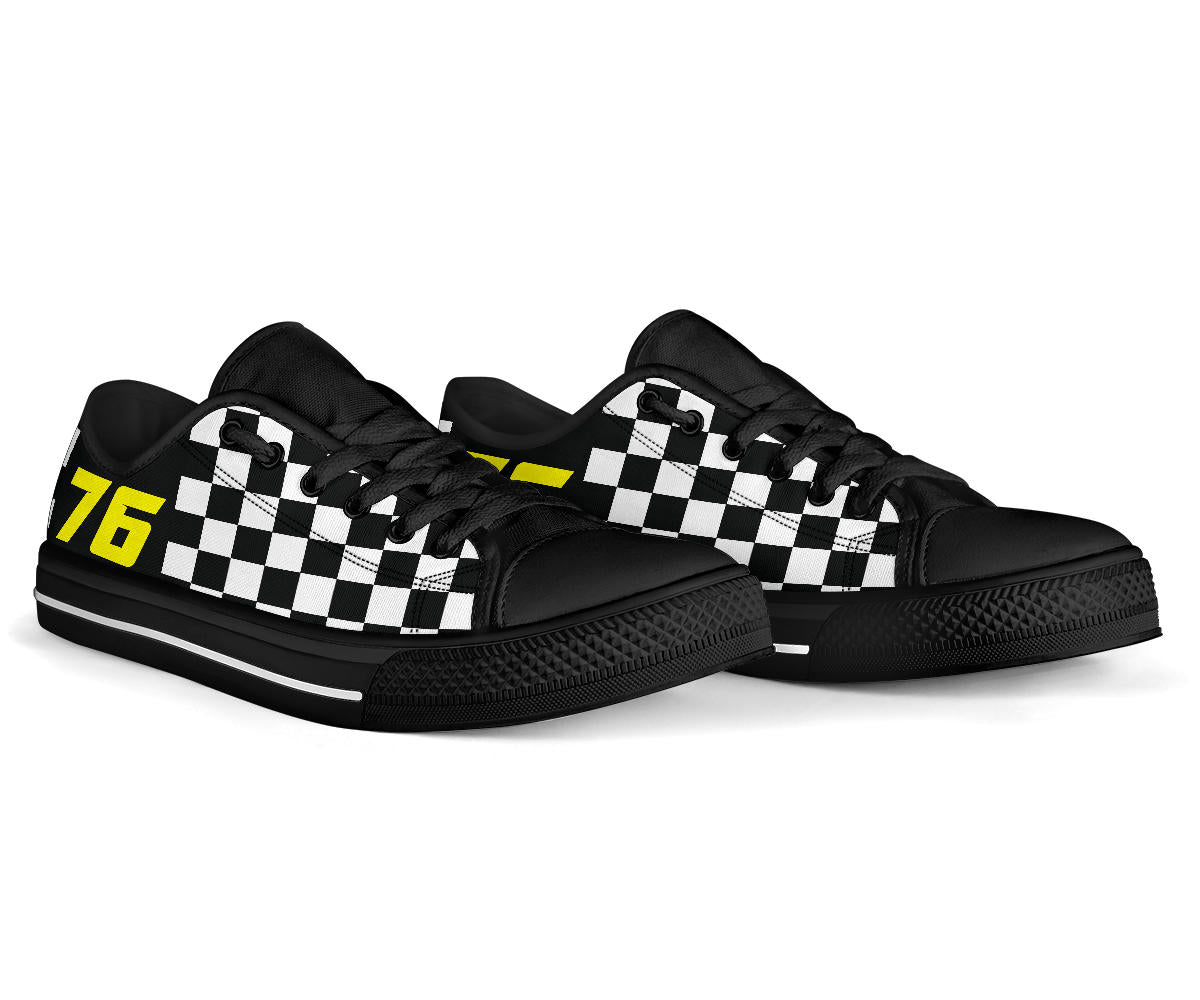 Custom Racing Checkered Low Top Shoes number 76 yellow