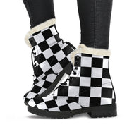 Racing Checkered Faux Fur Leather Boots