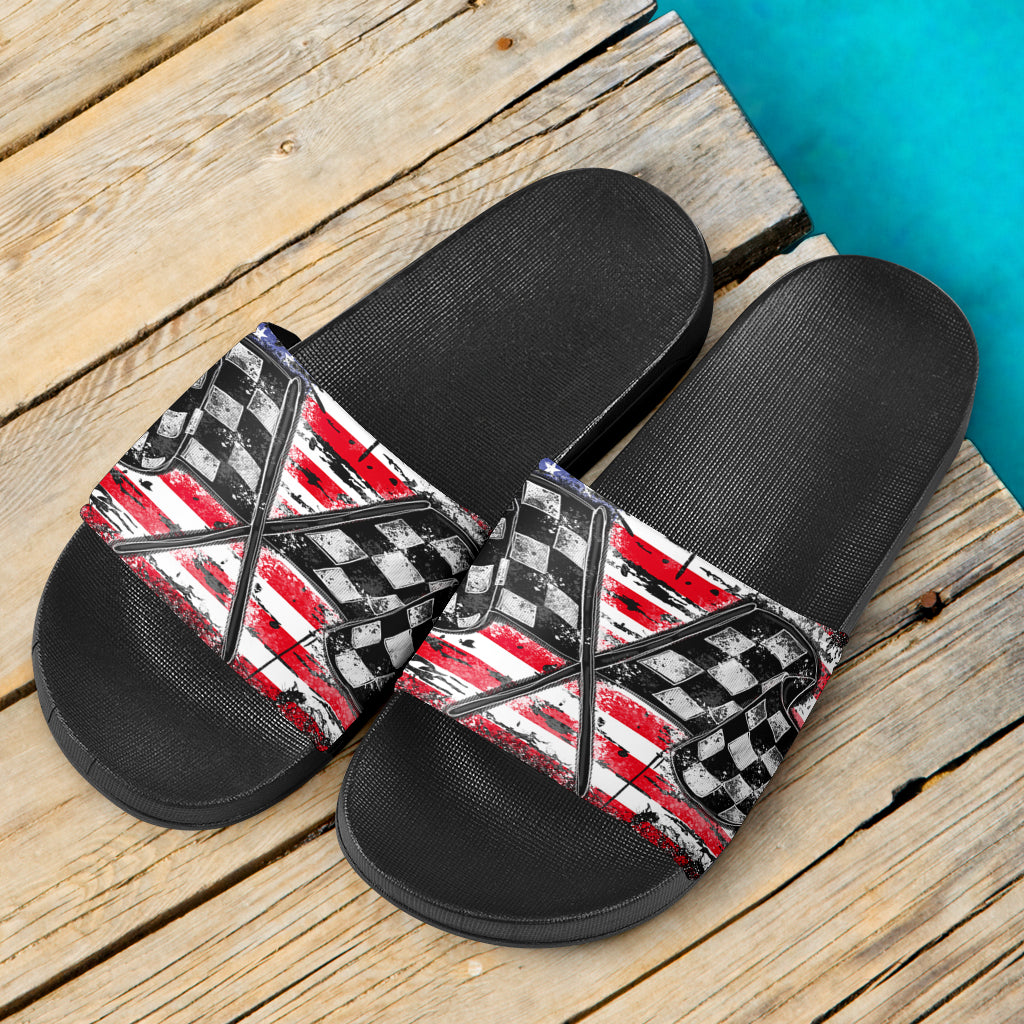 Racing checkered usa flag slide sandals