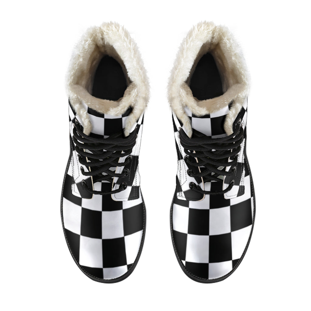 Racing Checkered Faux Fur Leather Boots