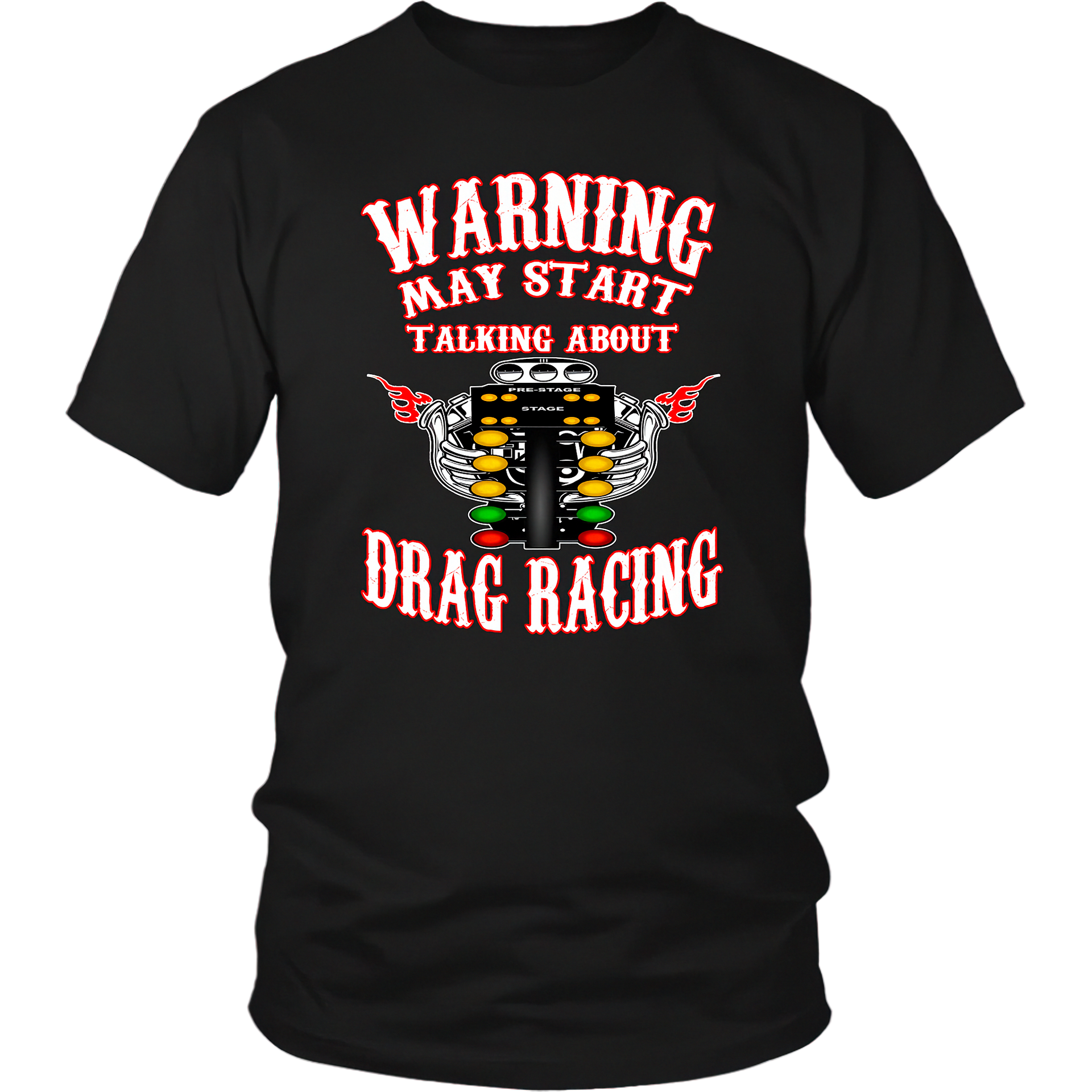 A premium black cotton crewneck t-shirt featuring the funny quote "Warning May Start Talking About Drag Racing" printed in bold white and high-visibility yellow typography, isolated flat on a solid white background.
