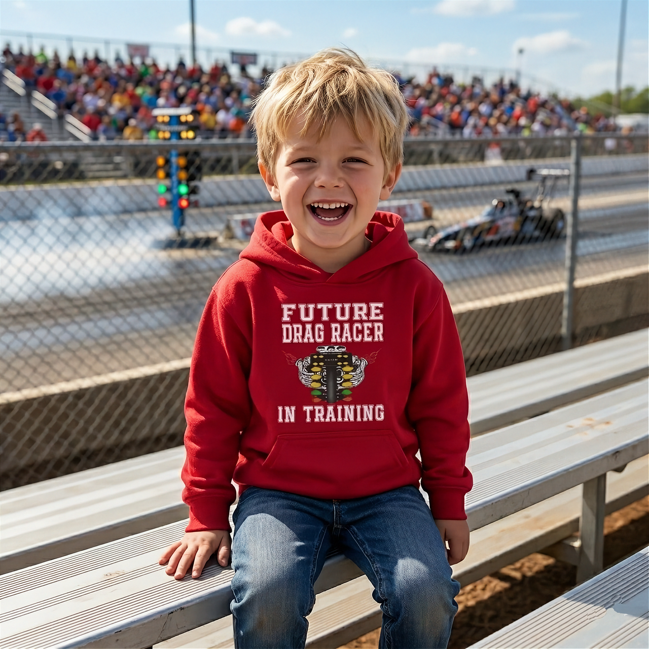 A young boy wearing a cozy "Future Drag Racer In Training" hoodie standing next to a custom junior dragster car in the staging lanes of a sunny drag strip layout.