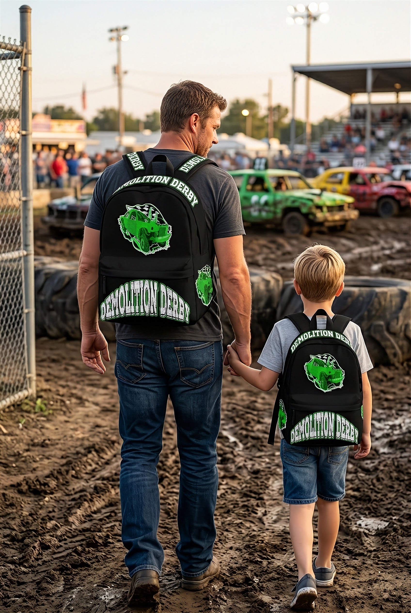 Vibrant green demolition derby track backpack designed for back to school and motorsport fans, featuring a wrecked derby car print and adjustable straps.