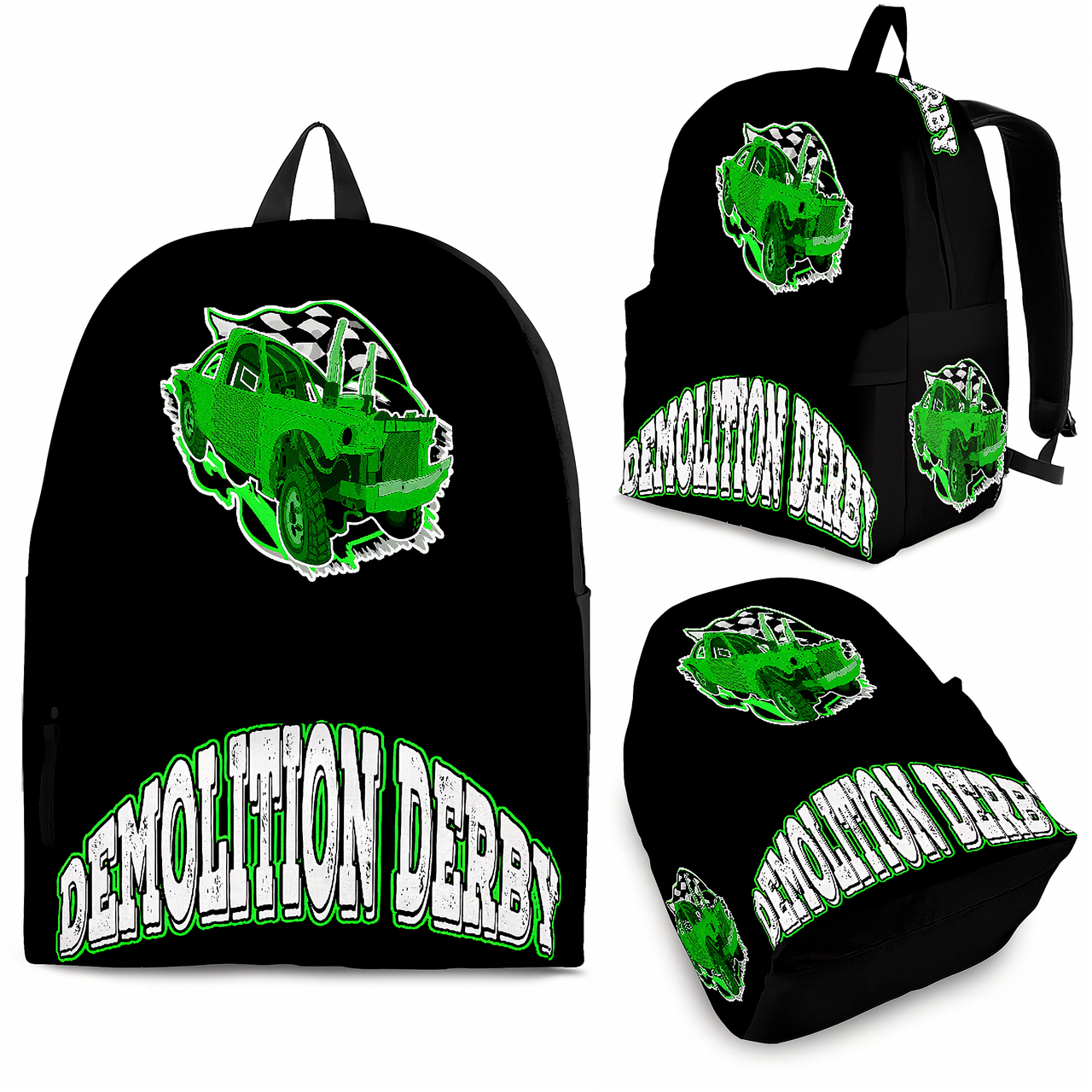 Vibrant green demolition derby track backpack designed for back to school and motorsport fans, featuring a wrecked derby car print and adjustable straps.