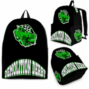 Vibrant green demolition derby track backpack designed for back to school and motorsport fans, featuring a wrecked derby car print and adjustable straps.