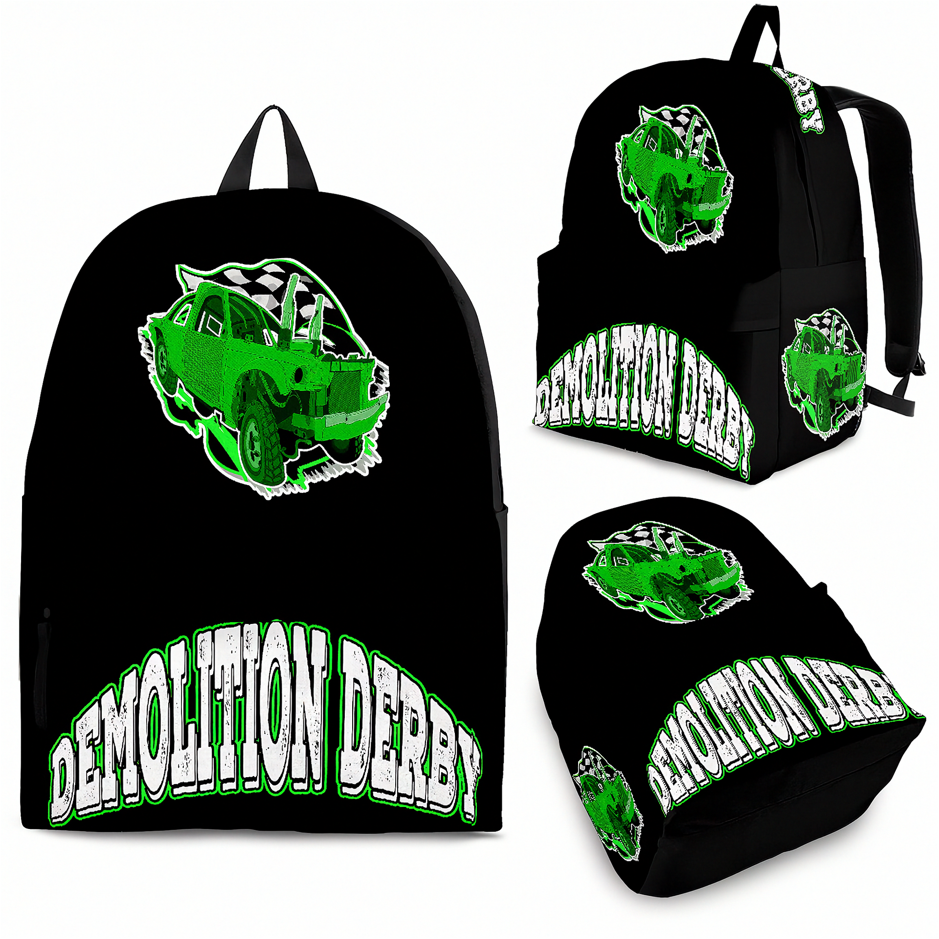 Vibrant green demolition derby track backpack designed for back to school and motorsport fans, featuring a wrecked derby car print and adjustable straps.