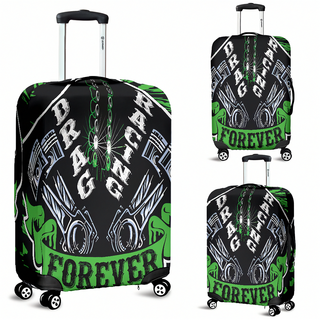Vibrant green drag racing themed luggage cover designed for motorsport fans, featuring a protective stretch-fit spandex blend and a zipper-bottom.