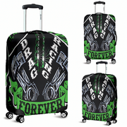 Vibrant green drag racing themed luggage cover designed for motorsport fans, featuring a protective stretch-fit spandex blend and a zipper-bottom.