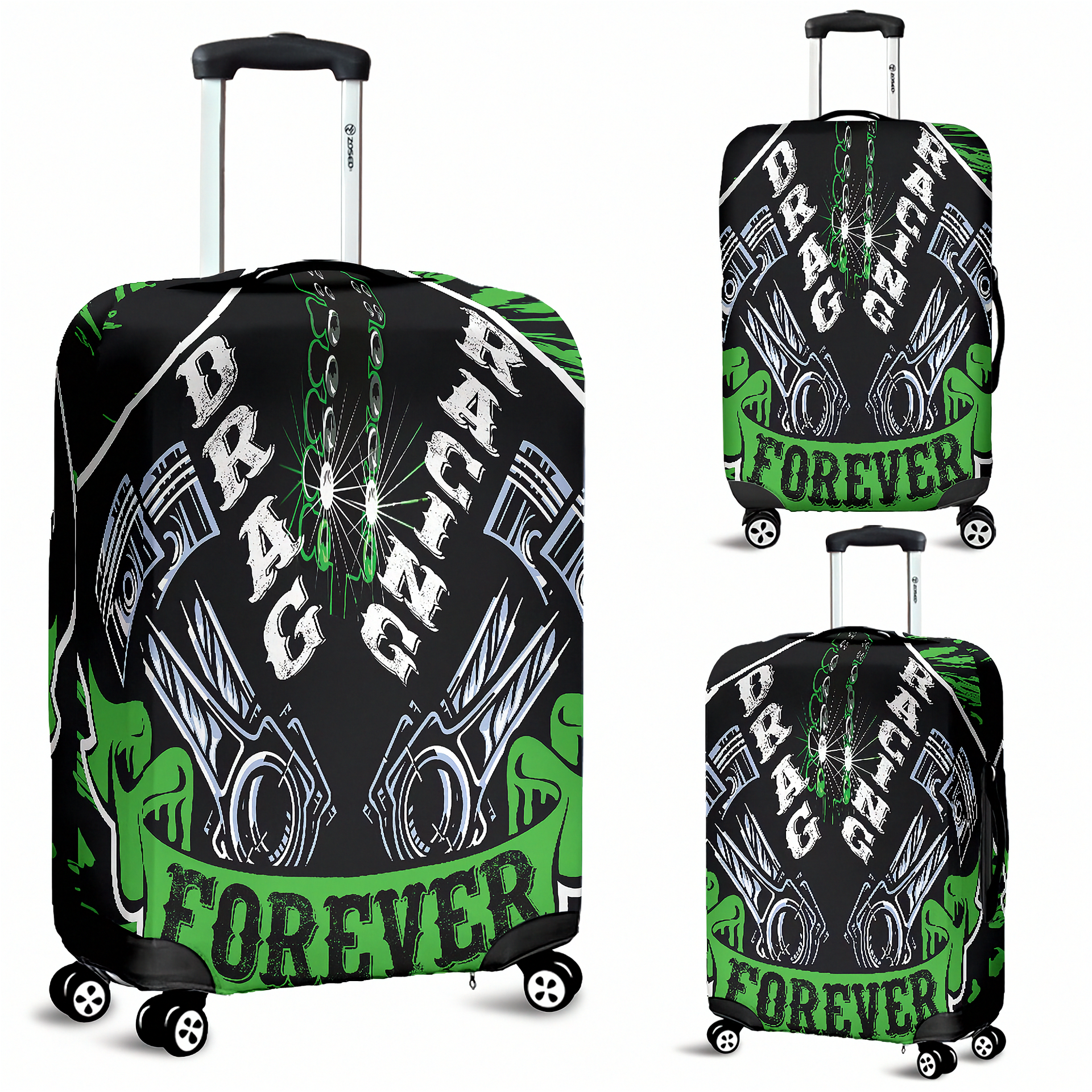 Vibrant green drag racing themed luggage cover designed for motorsport fans, featuring a protective stretch-fit spandex blend and a zipper-bottom.