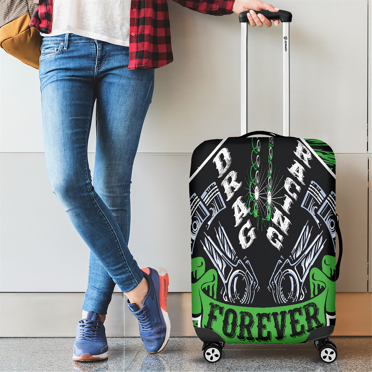 Vibrant green drag racing themed luggage cover designed for motorsport fans, featuring a protective stretch-fit spandex blend and a zipper-bottom.