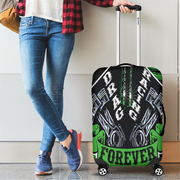 Vibrant green drag racing themed luggage cover designed for motorsport fans, featuring a protective stretch-fit spandex blend and a zipper-bottom.