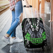 Vibrant green drag racing themed luggage cover designed for motorsport fans, featuring a protective stretch-fit spandex blend and a zipper-bottom.