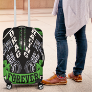 Vibrant green drag racing themed luggage cover designed for motorsport fans, featuring a protective stretch-fit spandex blend and a zipper-bottom.