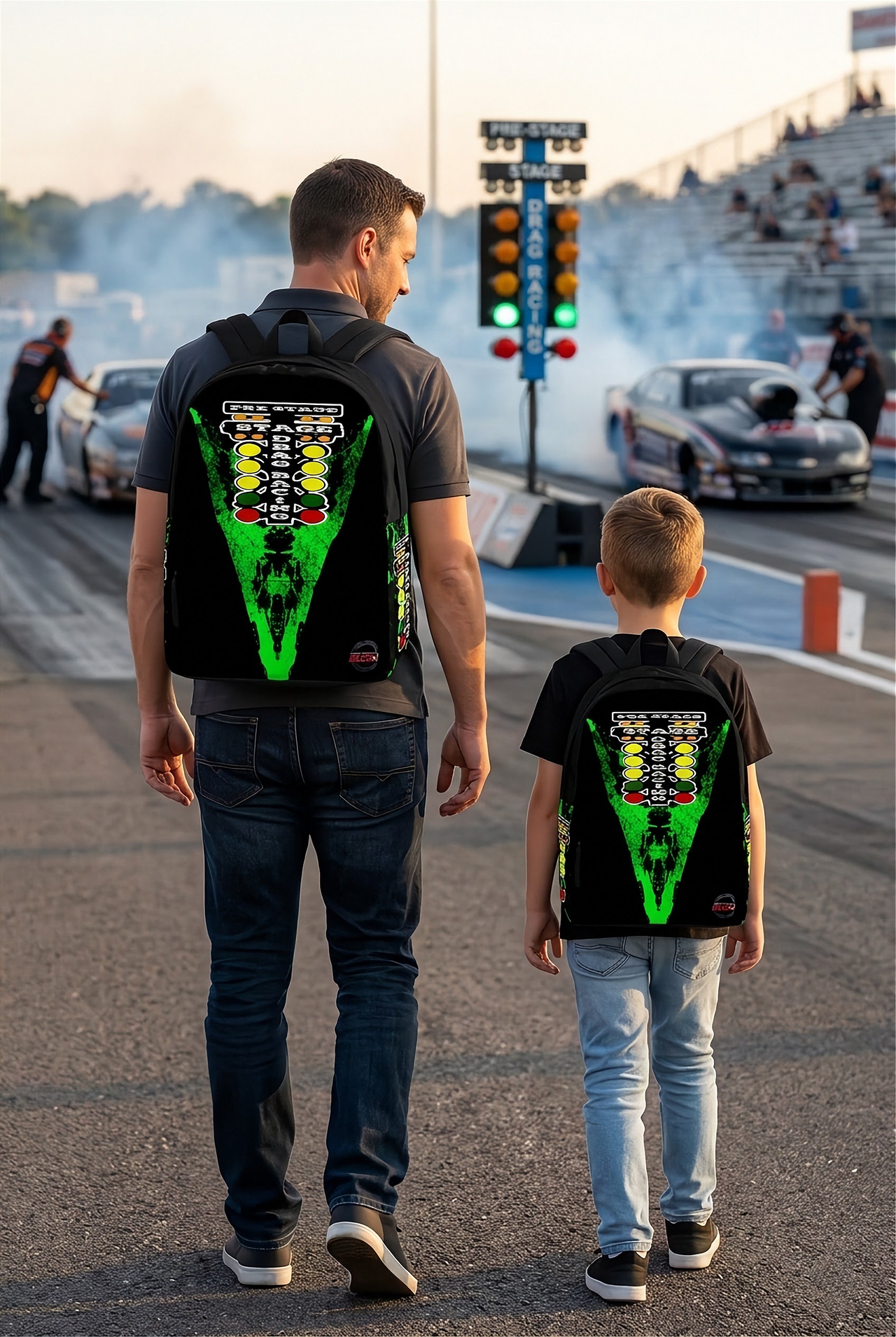 Vibrant green drag racing track backpack designed for back to school and motorsport fans, featuring adjustable ergonomic straps and airflow mesh.