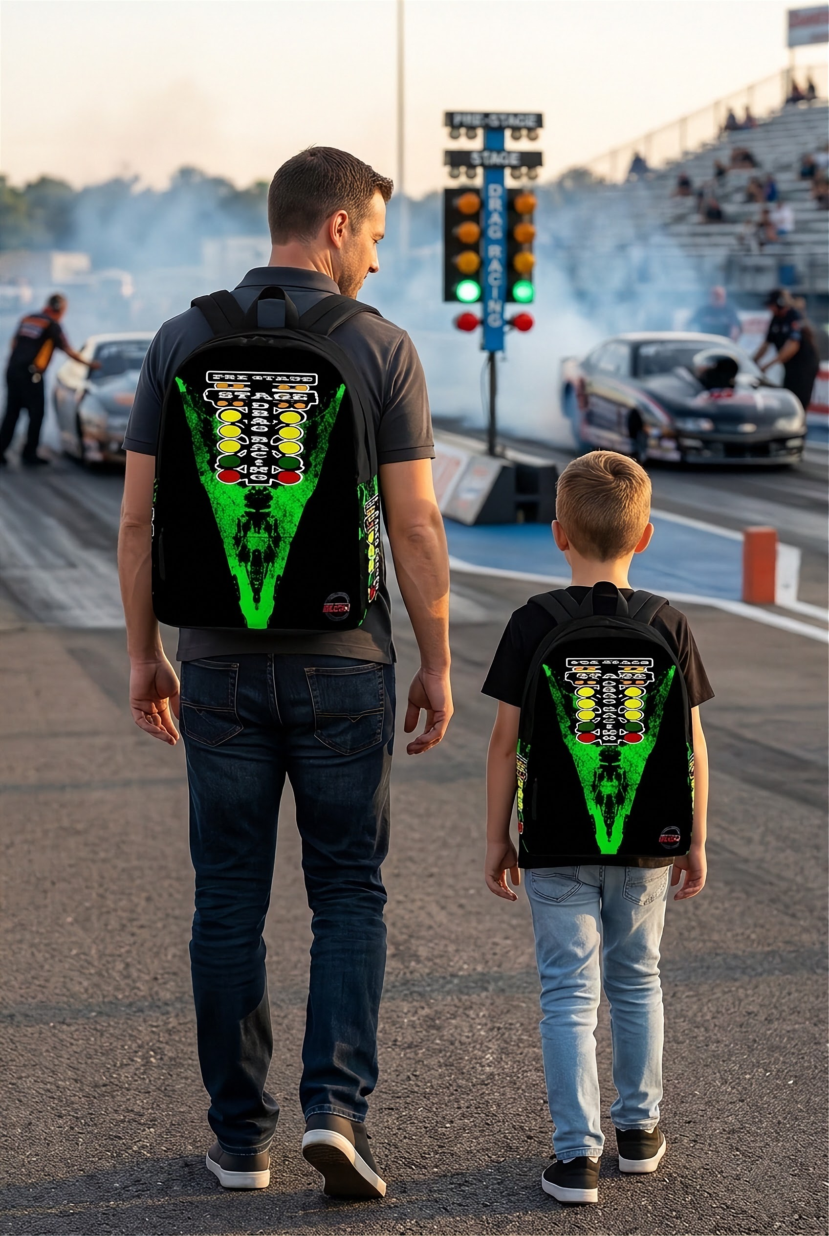 Vibrant green drag racing track backpack designed for back to school and motorsport fans, featuring adjustable ergonomic straps and airflow mesh.