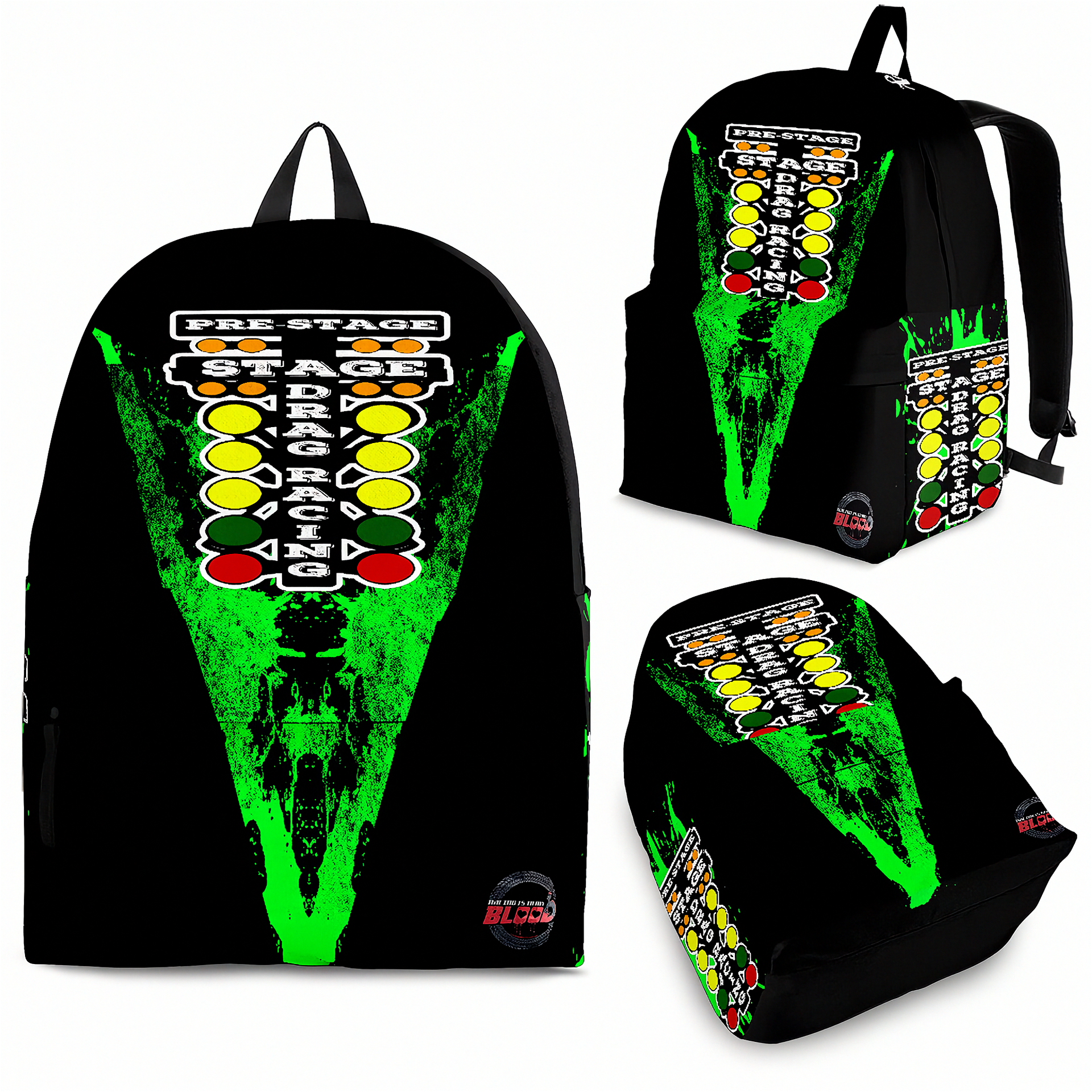 Vibrant green drag racing track backpack designed for back to school and motorsport fans, featuring adjustable ergonomic straps and airflow mesh.