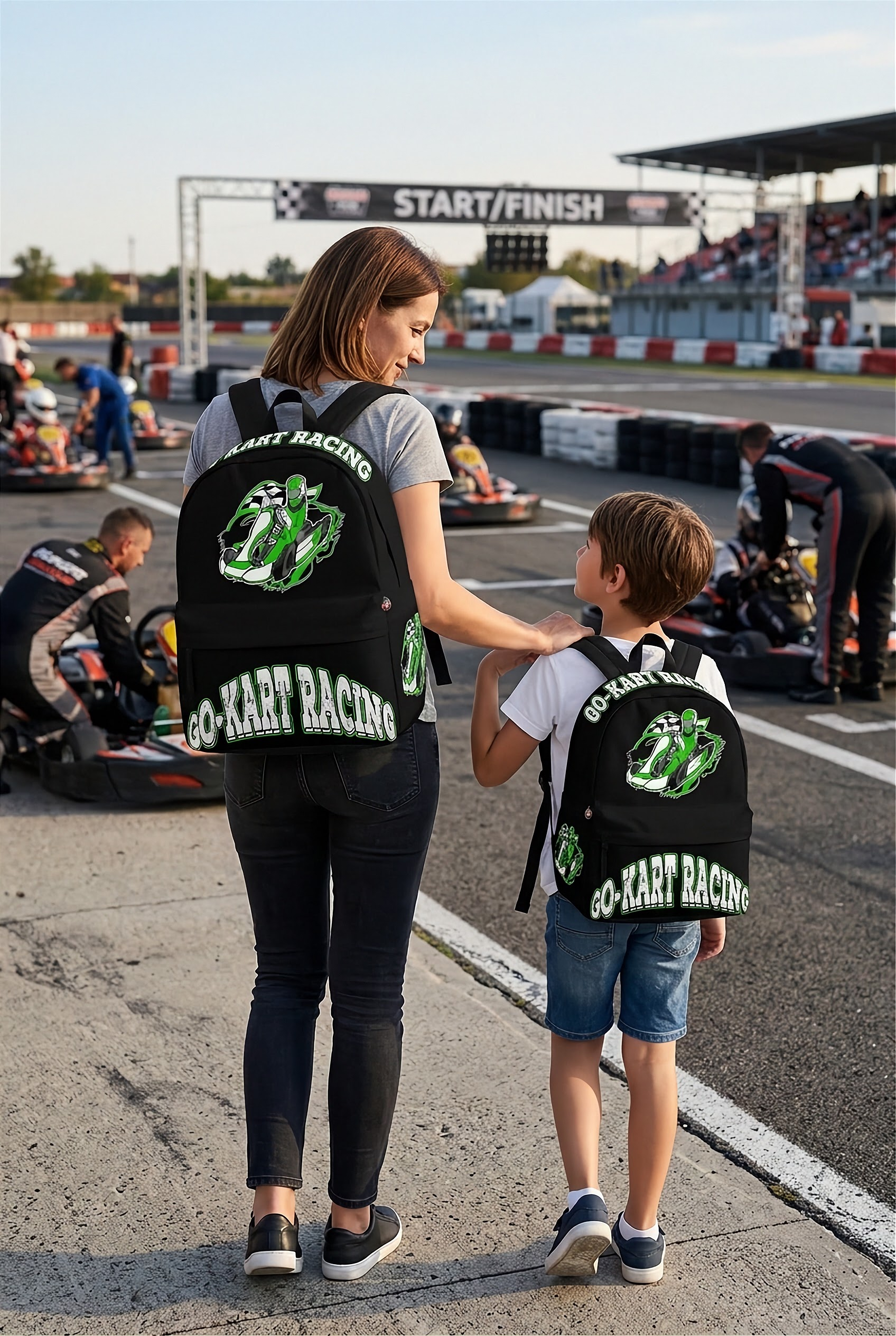 A young karting driver wearing a bright green racing suit and carrying a matching green go-kart racing backpack over one shoulder, walking alongside a mechanic toward the staging grid of an outdoor asphalt karting circuit.