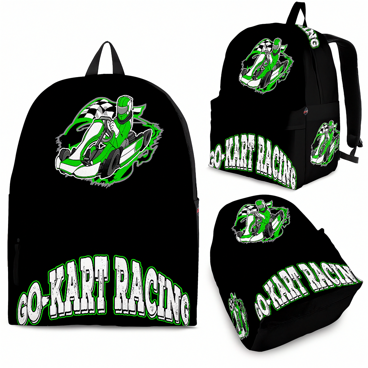 A vibrant green custom go-kart racing backpack featuring a dynamic open-wheel kart graphic, equipped with heavy-duty black zippers, padded ergonomic shoulder straps, and a front organizational pocket against a plain white background.
