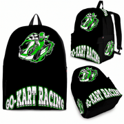 A vibrant green custom go-kart racing backpack featuring a dynamic open-wheel kart graphic, equipped with heavy-duty black zippers, padded ergonomic shoulder straps, and a front organizational pocket against a plain white background.