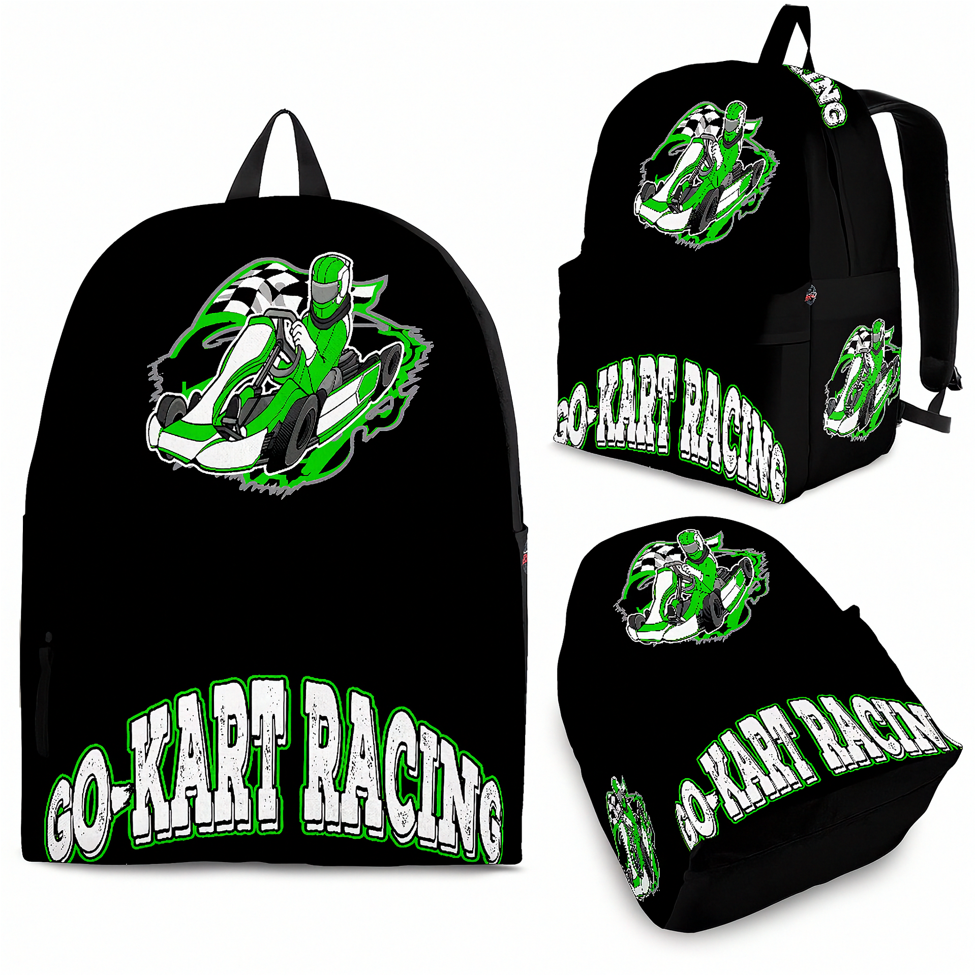 A vibrant green custom go-kart racing backpack featuring a dynamic open-wheel kart graphic, equipped with heavy-duty black zippers, padded ergonomic shoulder straps, and a front organizational pocket against a plain white background.